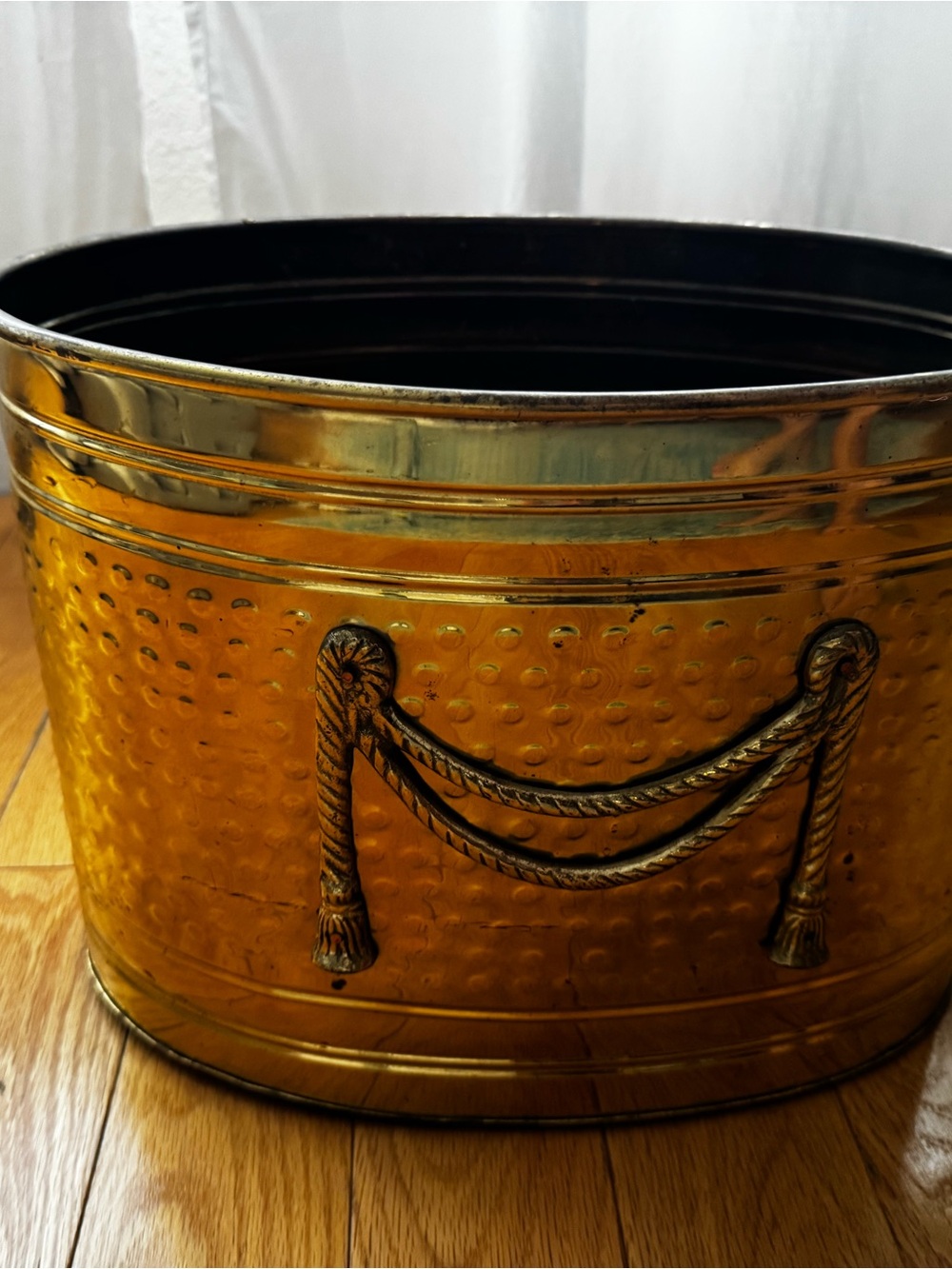 Vintage Hammered Brass Vessel with Rope-Style Handles Planter / Storage